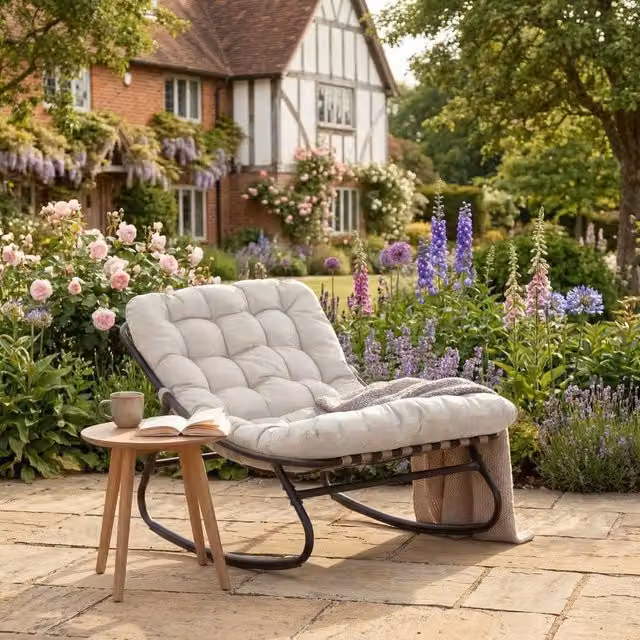 Rosewood & Stone Home Studley Rocking Chair in Beige Sheesham Wood and Fabric – 1
