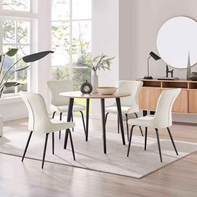 FurnitureboxUK Koko Oak Effect Round Dining Table and 4 Nora Black Leg Dining Chairs in Cream