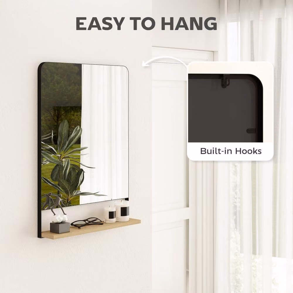 HOMCOM Industrial Black Rectangular Wall Mirror with Wood Shelf, W: 50 cm, H: 70 cm – 2