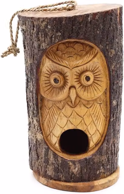 KDMD Wise Owl Bird House in Brown with Rustic Tree Trunk Face