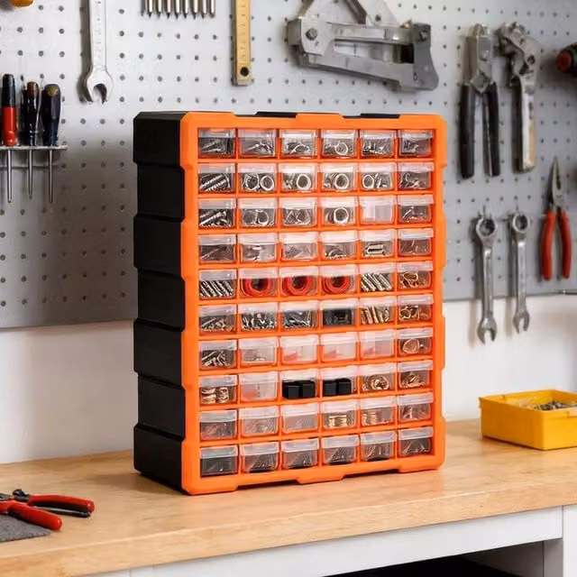 SPETLEK Multi Drawer Parts Organiser Unit with 60 Orange and Transparent Drawers – 1