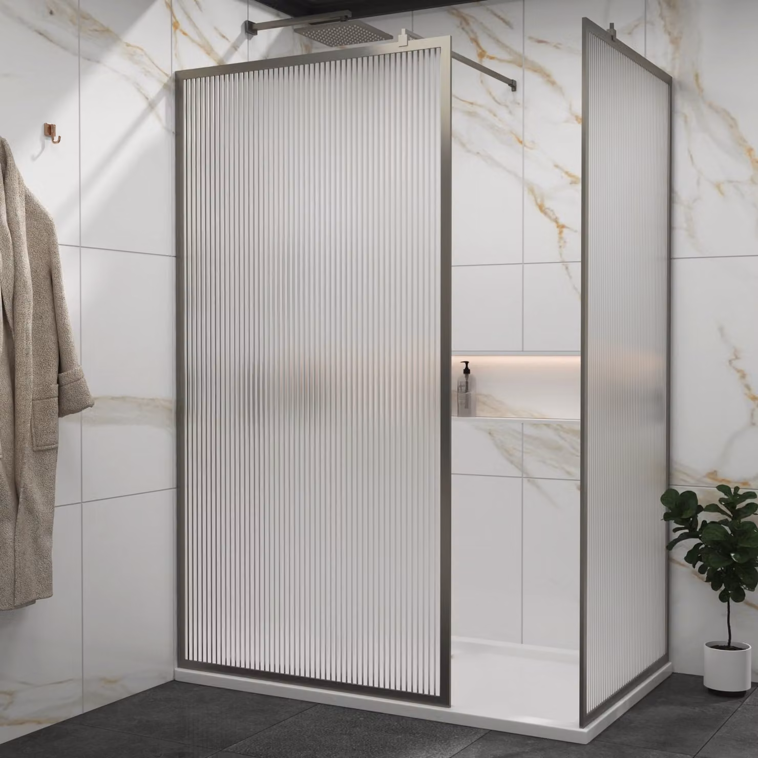 Royal Bathrooms Luxor Walk In Fluted Shower Enclosure with Gun Metal Grey Frame and Easy Clean 8mm Glass, W/D: 120 x 70 cm