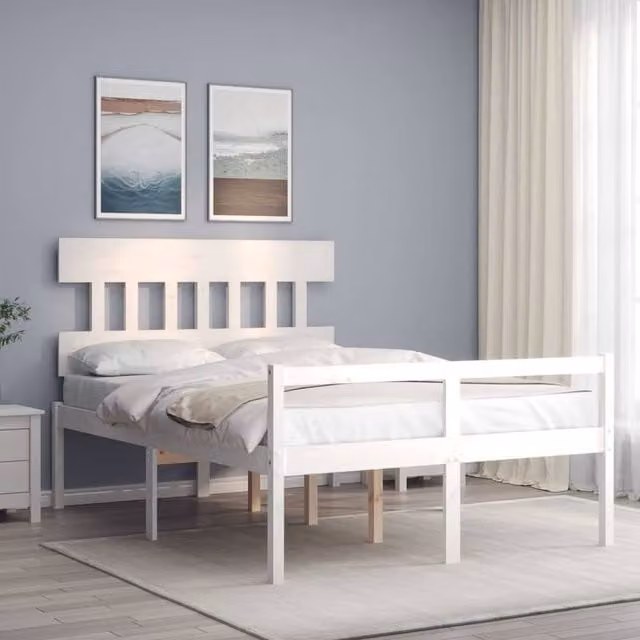 Berkfield Home Small Double Solid Wood Bed Frame with Headboard in White