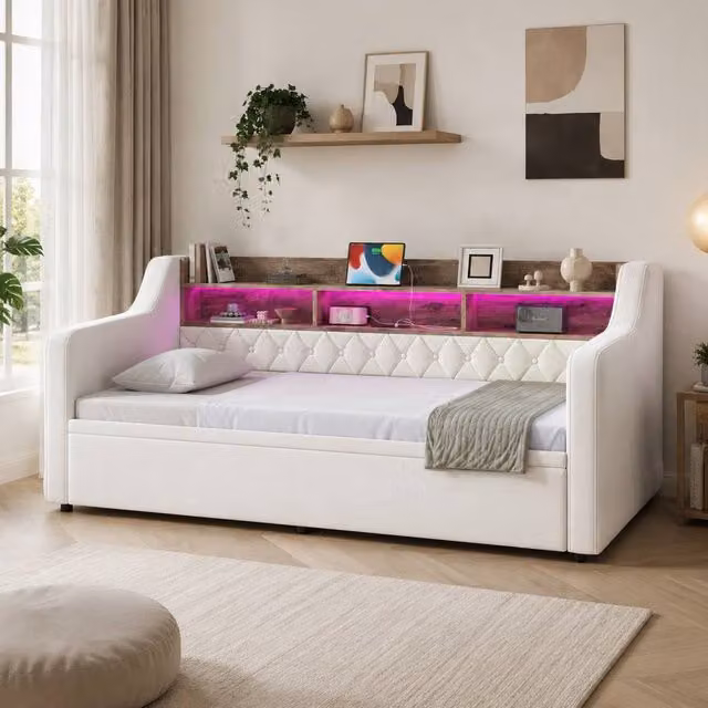 STILVORA Modern Beige Velvet Upholstered Sofa Bed with Storage Headboard, LED Lighting and USB Charging