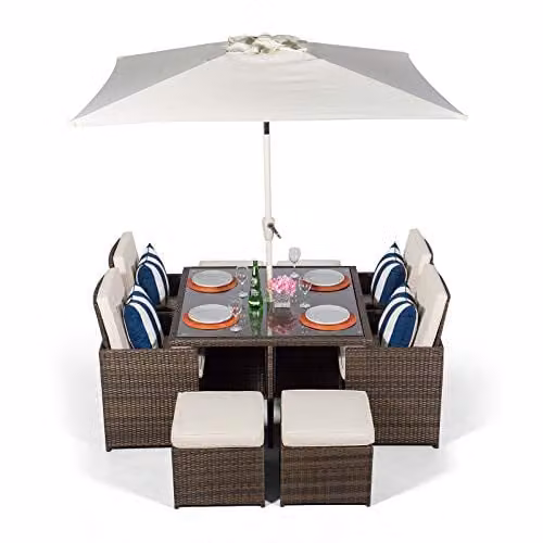 Giardino Brown Rattan Cube Garden Dining Set with Table, Chairs, 4 Stools, Parasol and Cover, W/D: 120 x 120 cm – 1