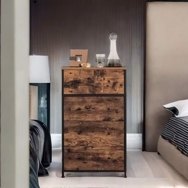 FURNOS 5 Drawer Fabric Bedroom Dresser Storage Organiser in Rustic Brown and Black