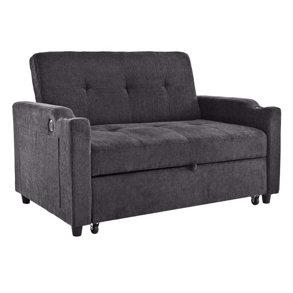 Merax 2-Seater Pull-Out Fabric Sofa Bed with Cup Holders and USB Charging in Grey, W/D/H: 173 x 41 x 58 cm – 4