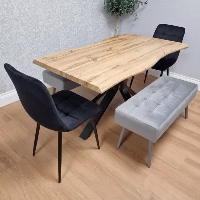 KOSY KOALA Modern Brown Wooden Rectangular Dining Set with 2 Black Velvet Chairs and 1 Grey Padded Bench – 1