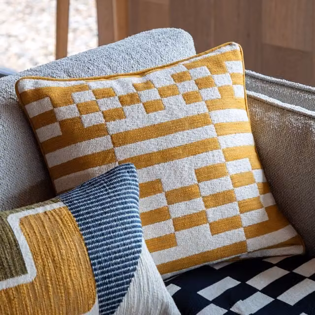 Terrys Modern Checked Square Cotton Cushion with Feather Filling, Yellow and White, W/D/H: 45 x 45 x 45 cm