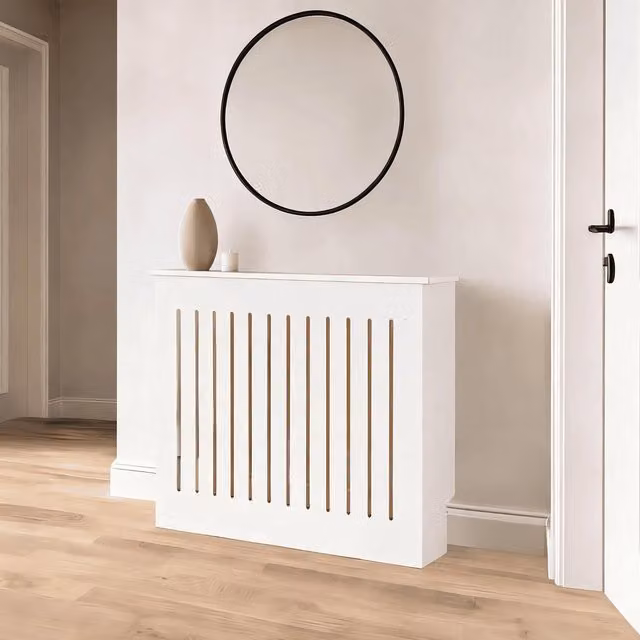Home Source White MDF Radiator Cover with Striped Design, Width: 112 cm