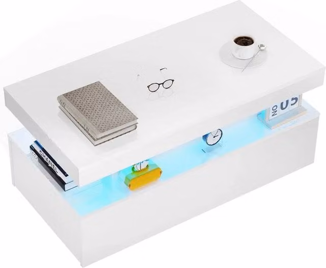 FLAVORA High Gloss LED Coffee Table with 2 Drawer Storage in White, W/D/H: 100 x 100 x 100 cm