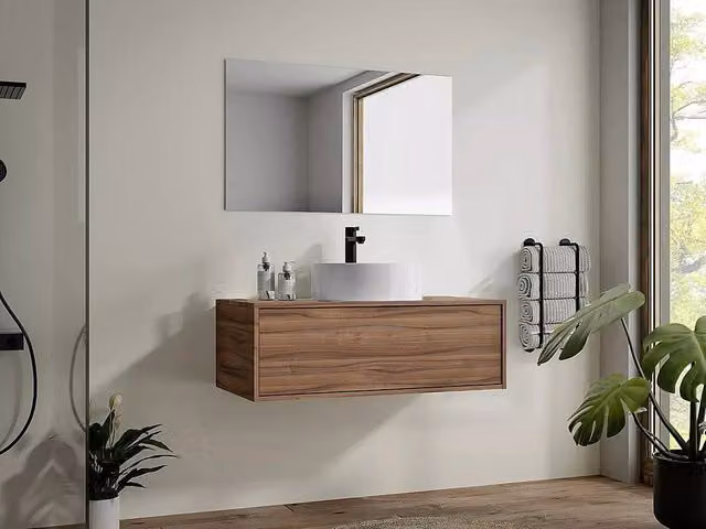 Vente-unique Wall-Mounted Modern Bathroom Vanity Unit in Walnut with White Stone Top, W/D/H: 57 x 47 x 32 cm