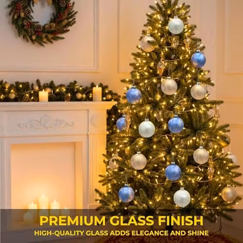 Shatchi 12-Piece Set of Classic Geometric Glass Baubles in Blue, Gold and White, Diameter: 8 cm – 4
