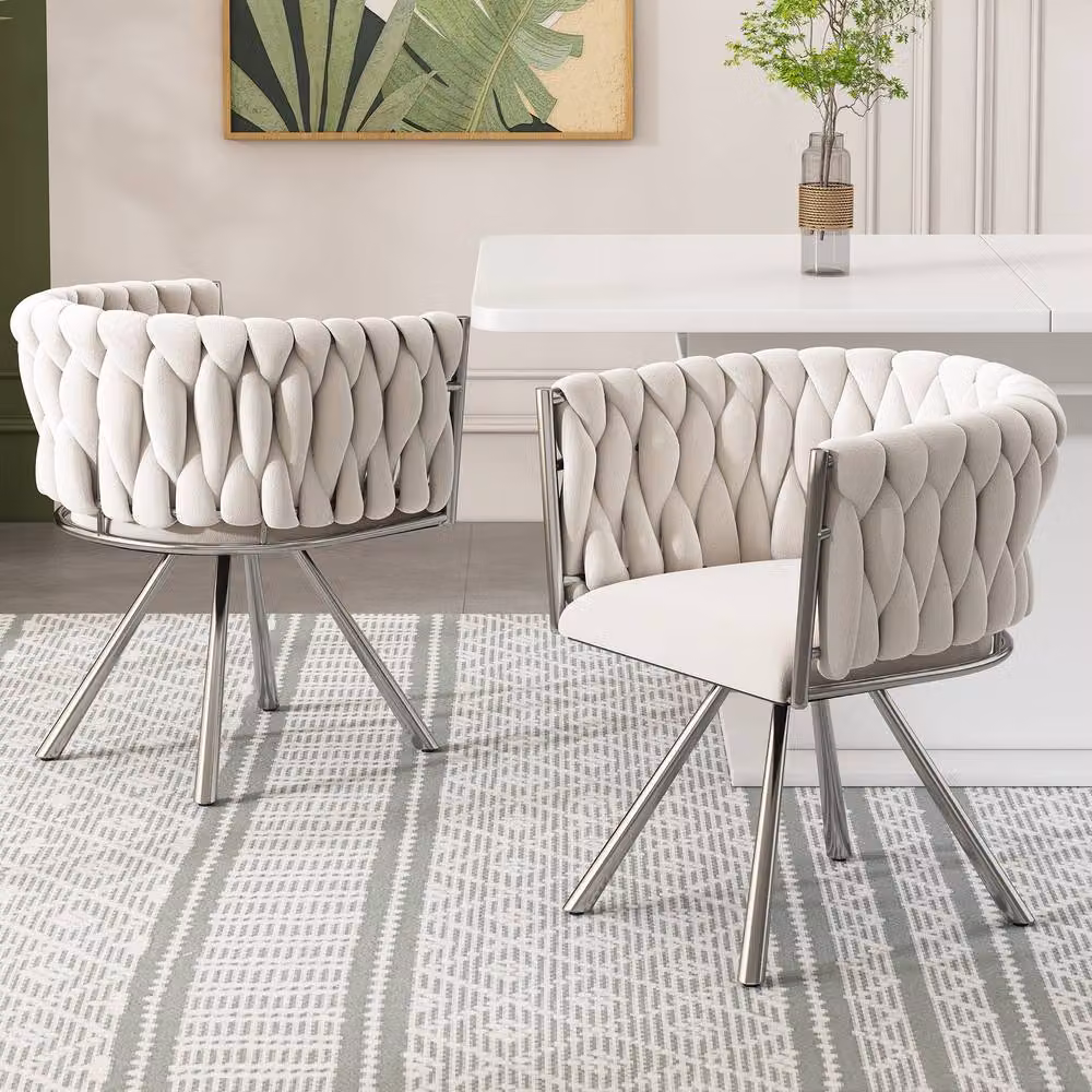 Rolipo Set of 4 Modern Velvet Swivel Dining Chairs in Beige with Silver Metal Legs – 1