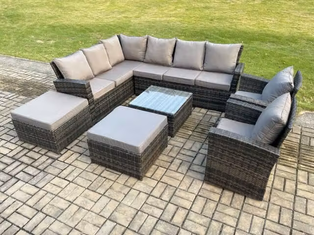 Fimous 10 Seat Rattan Garden Furniture Set in Dark Grey with Corner Sofa, Coffee Table and Ottomans