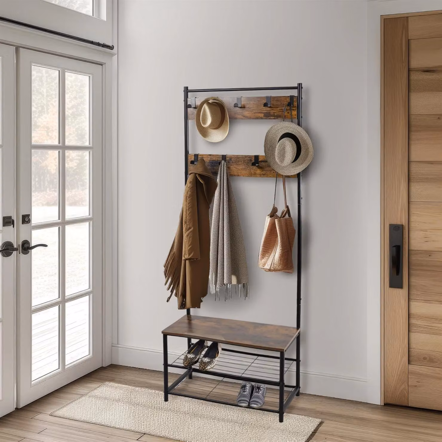 House of Home Hall Tree with Shoe Storage Bench and 9 Hooks, Rustic Brown – 3