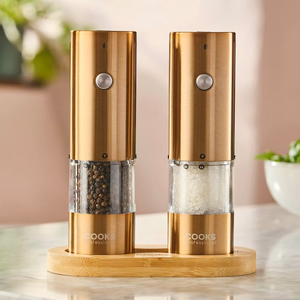 Cooks Professional Rechargeable Salt and Pepper Mill Set with Bamboo Base in Bronze and Multicolour – 2