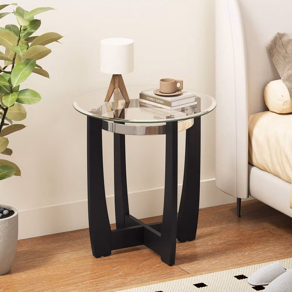 Costway Round End Table with Tempered Glass Top and Rubberwood Frame in Black, Diameter: 61 cm – 2