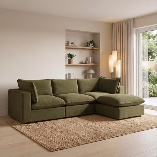 Furniturebox UK Echo Linen-Look Fabric 3 Seater Modular L-Shape Chaise Sofa in Green with Matching Ottoman and Scatter Cushions, Width: 179 cm