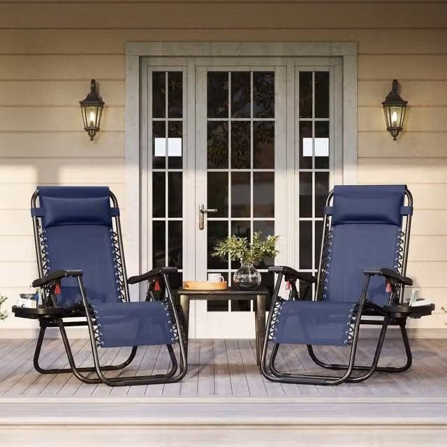 Yaheetech Set of 2 Blue Foldable Zero Gravity Lounging Chairs with Adjustable Headrest, Side Tray and Armrests
