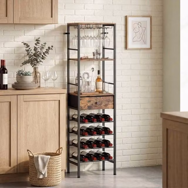 EONLION Brown Industrial Wine Bar Cabinet with Glass Doors, Bottle Rack and Internal Drawers, W/D/H: 100 x 29 x 148.5 cm – 1