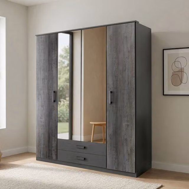 Duisberg Grey and Digi Steel 4 Door Wardrobe with Mirror, Width: 180 cm