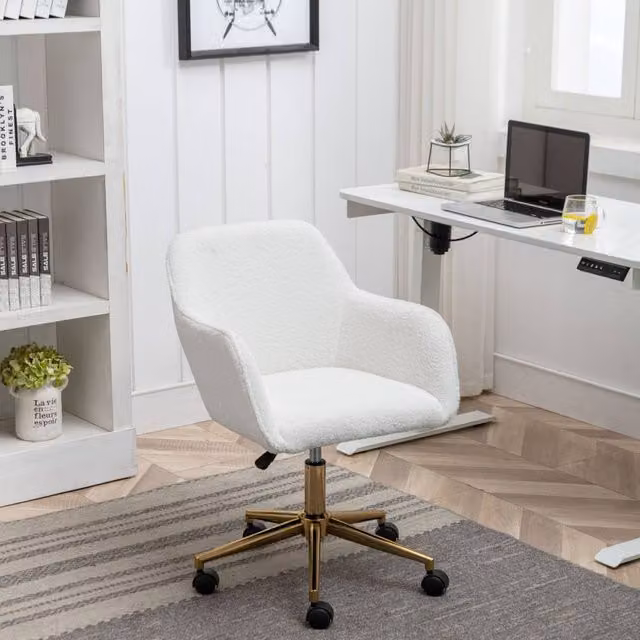 Direct Wicker White Bouclé Teddy Fabric Modern Swivel Home Office Task Chair with Gold Accents – 1
