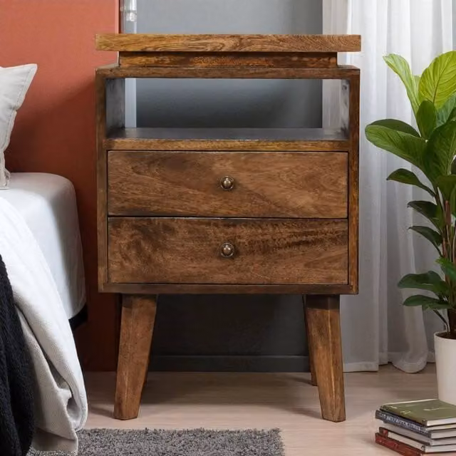 Artisan Furniture Scandinavian Solid Wood Platform Bedside Table in Brown