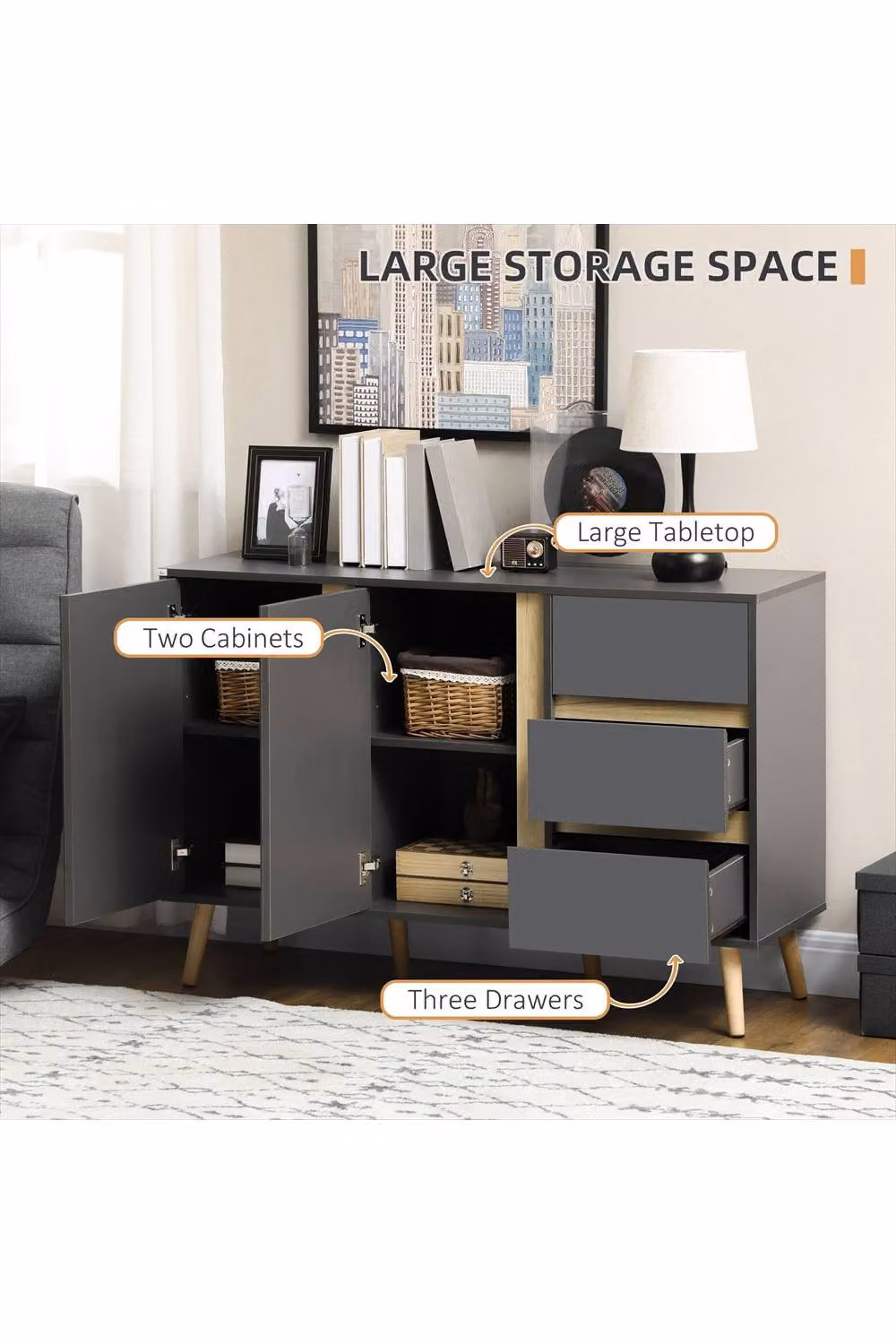ERGOVEXA Modern Sideboard with Adjustable Shelves in Matt Dark Grey – 3