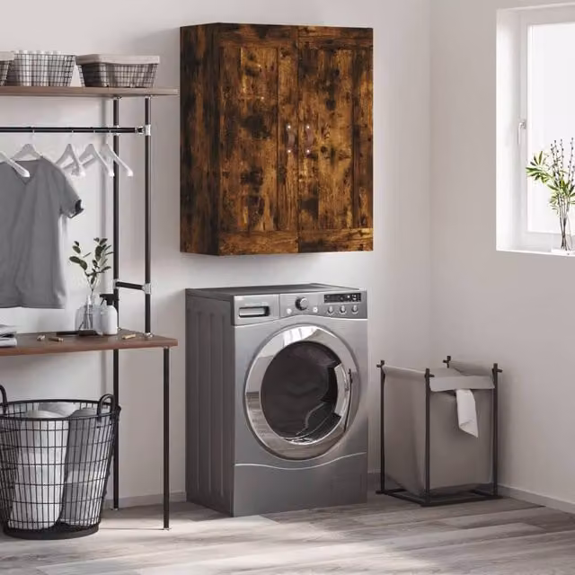 Berkfield Home Wall Mounted Smoked Oak Cabinet in Brown, W/D/H: 69.5 x 34 x 90 cm