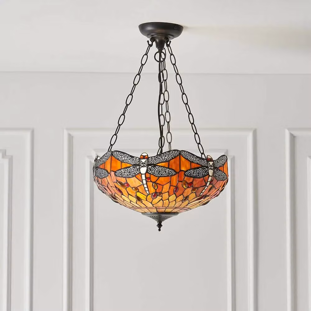 Loops Tiffany Glass Hanging Ceiling Pendant Light with Orange Dragonfly Design in Multicolour and Bronze – 4