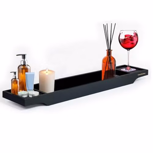 MantraRaj Bamboo Bath Caddy Tray Bridge and Storage Shelf Organizer in Black – 1