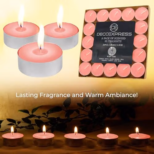 Deco Express Scented Tealight Candles, Toasted Marshmallows, Pink, 25 Pack – 5