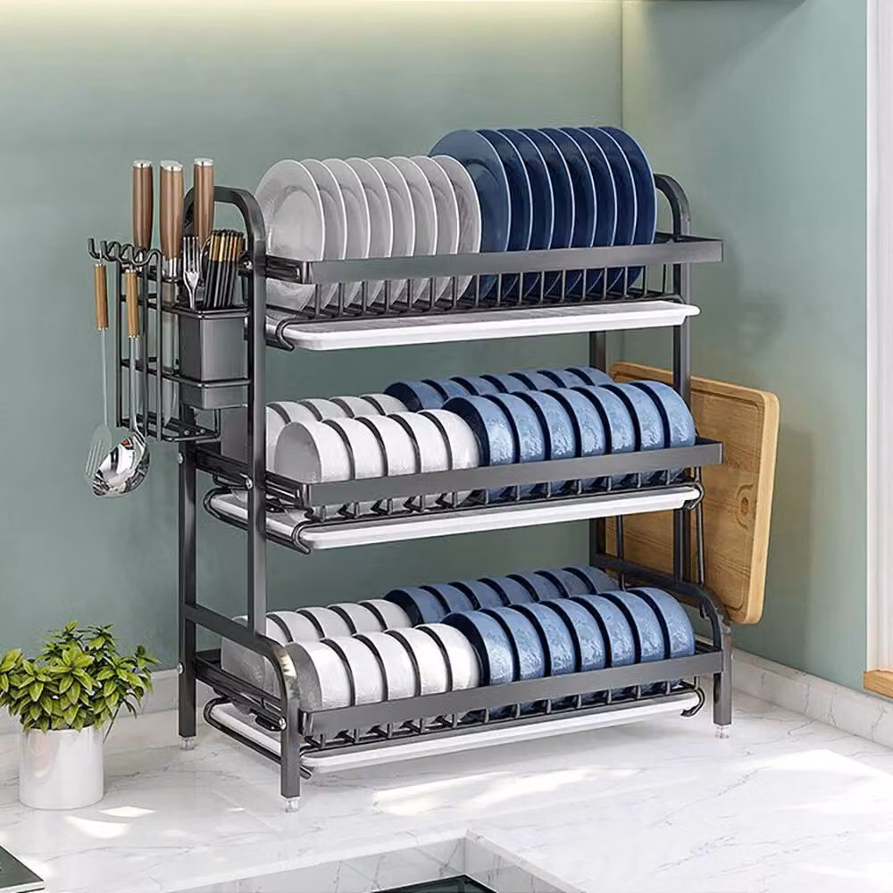 Kelvenix 3 Layer Black Metal Dish Drainer Rack with Drip Tray and Cutlery Holder, W: 52 cm – 2