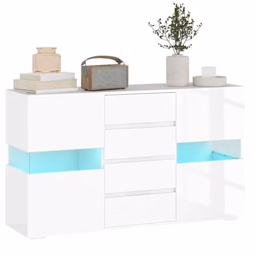 HOMCOM Modern High Gloss LED Sideboard with Remote Control in White – 1