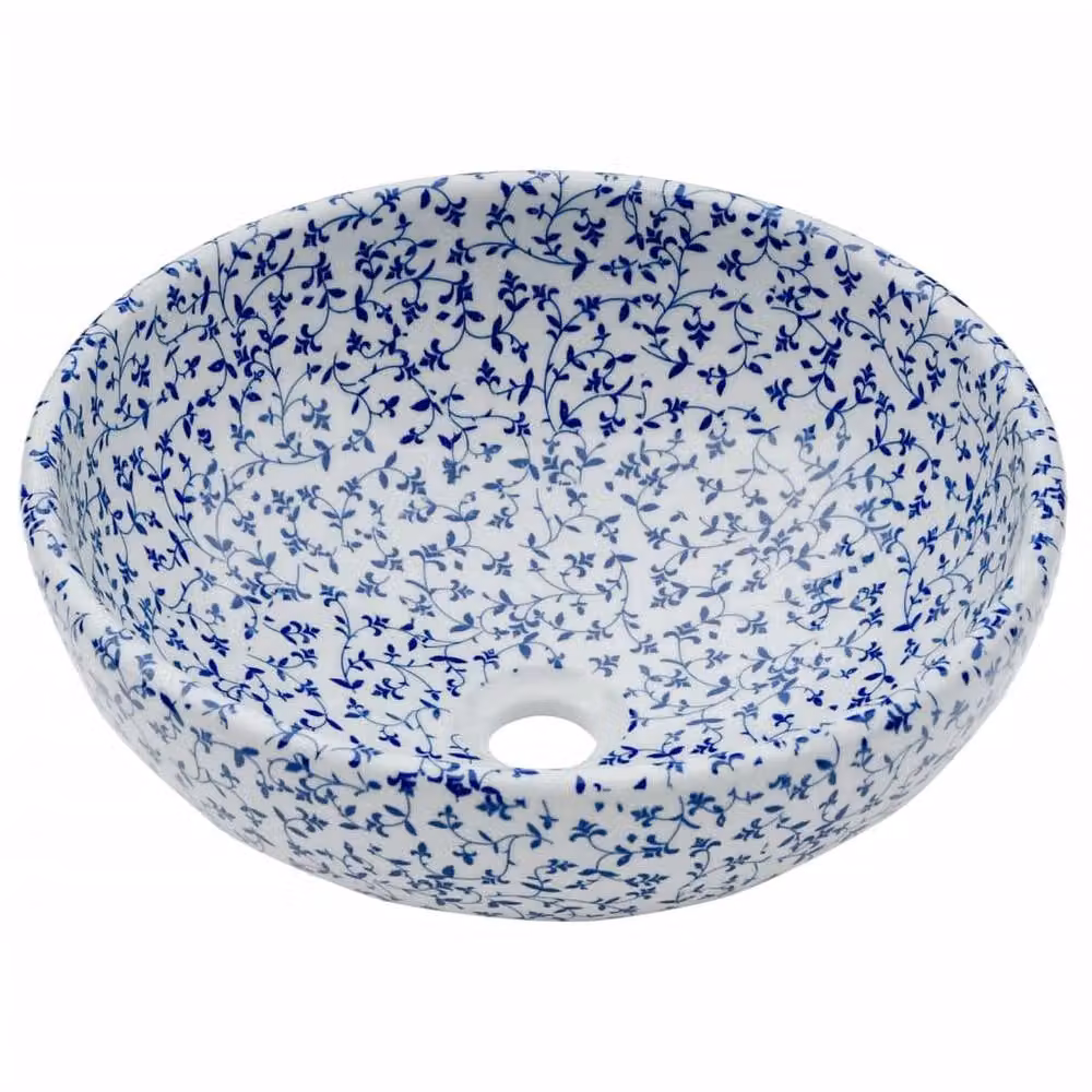 Berkfield Home Round Ceramic Countertop Basin in White and Blue, Diameter: 41 cm, Height: 14 cm – 2