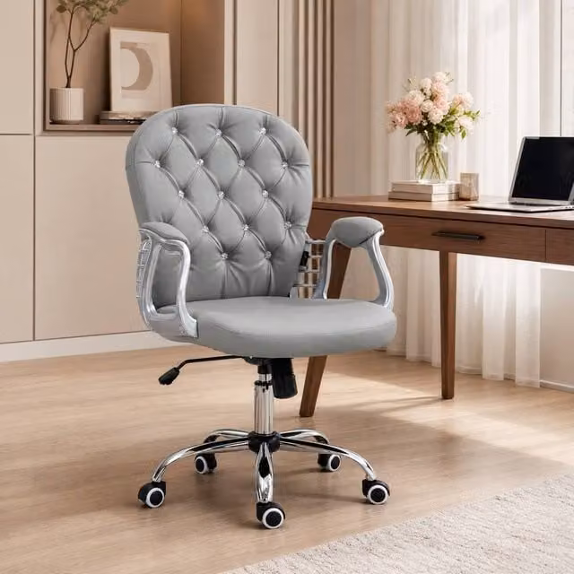 STILVORA Grey Synthetic Leather Task Chair with 360 Degree Swivel Base, Armrests and Castors