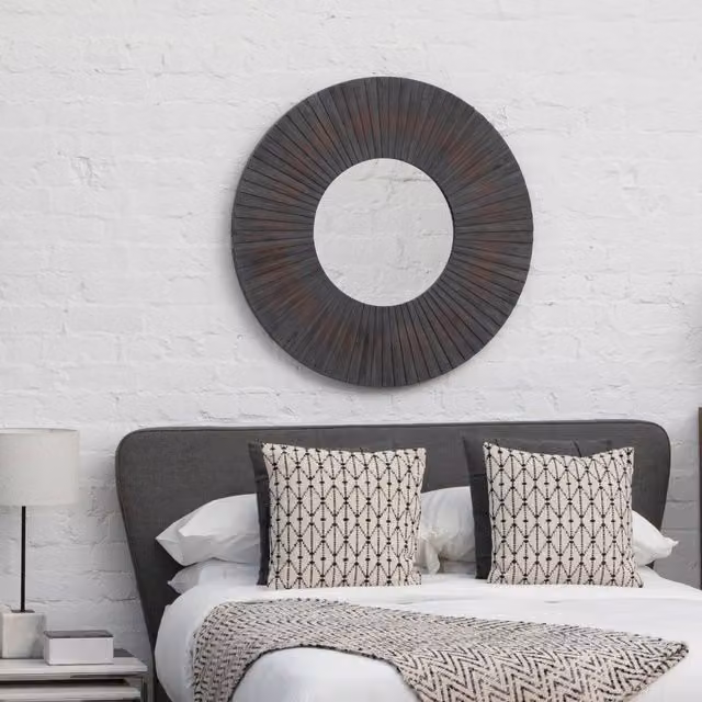 Orsina Barn Antique Wood Round Wall Mirror in Black – 1