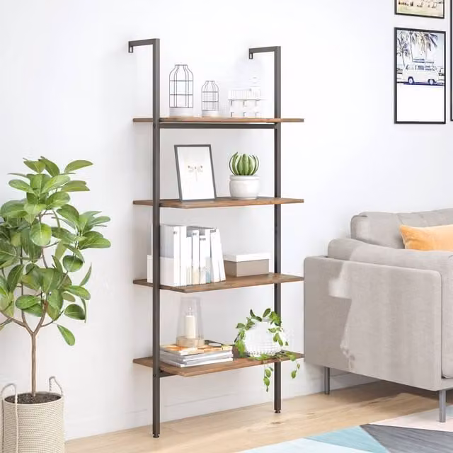 Berkfield Home 4-Tier Leaning Ladder Shelf in Dark Brown and Black, W: 64 cm, D: 35 cm, H: 152.5 cm