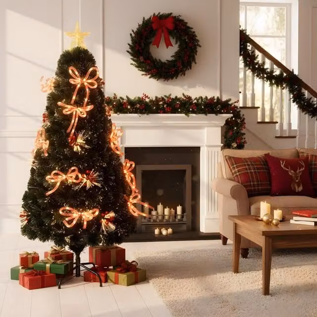 Shatchi Green Pre-Lit Artificial Christmas Tree with Fibre Optic Star Topper and Ribbon Bows, Height: 152.4 cm – 1