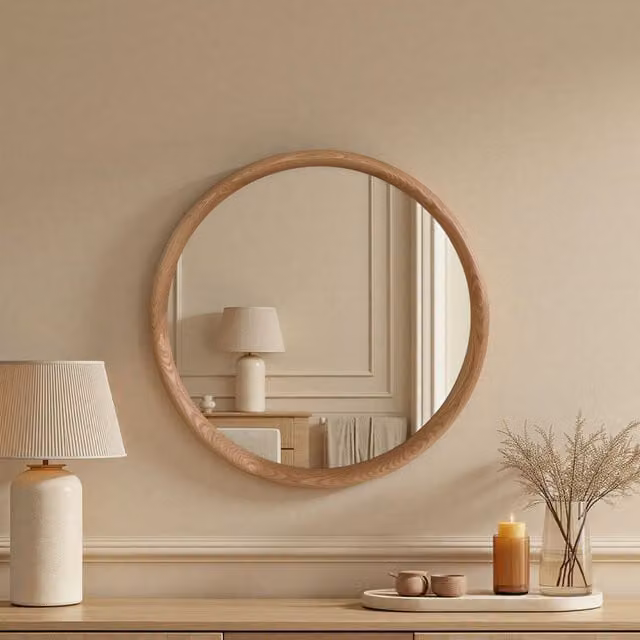 Yearn Round Minimalist Solid Wood Wall Mirror in Orange and Brown