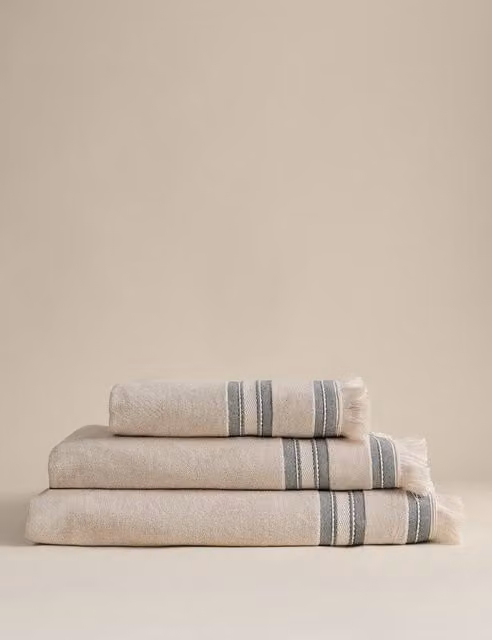 M&S Fluffy Cotton Striped Towel with Fringed Border in Blue