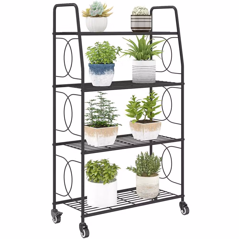 OUTSUNNY 4-Tier Metal Plant Stand with Lockable Wheels, Black, H 114.0 x W 63.5 x D 29.0 cm – 2