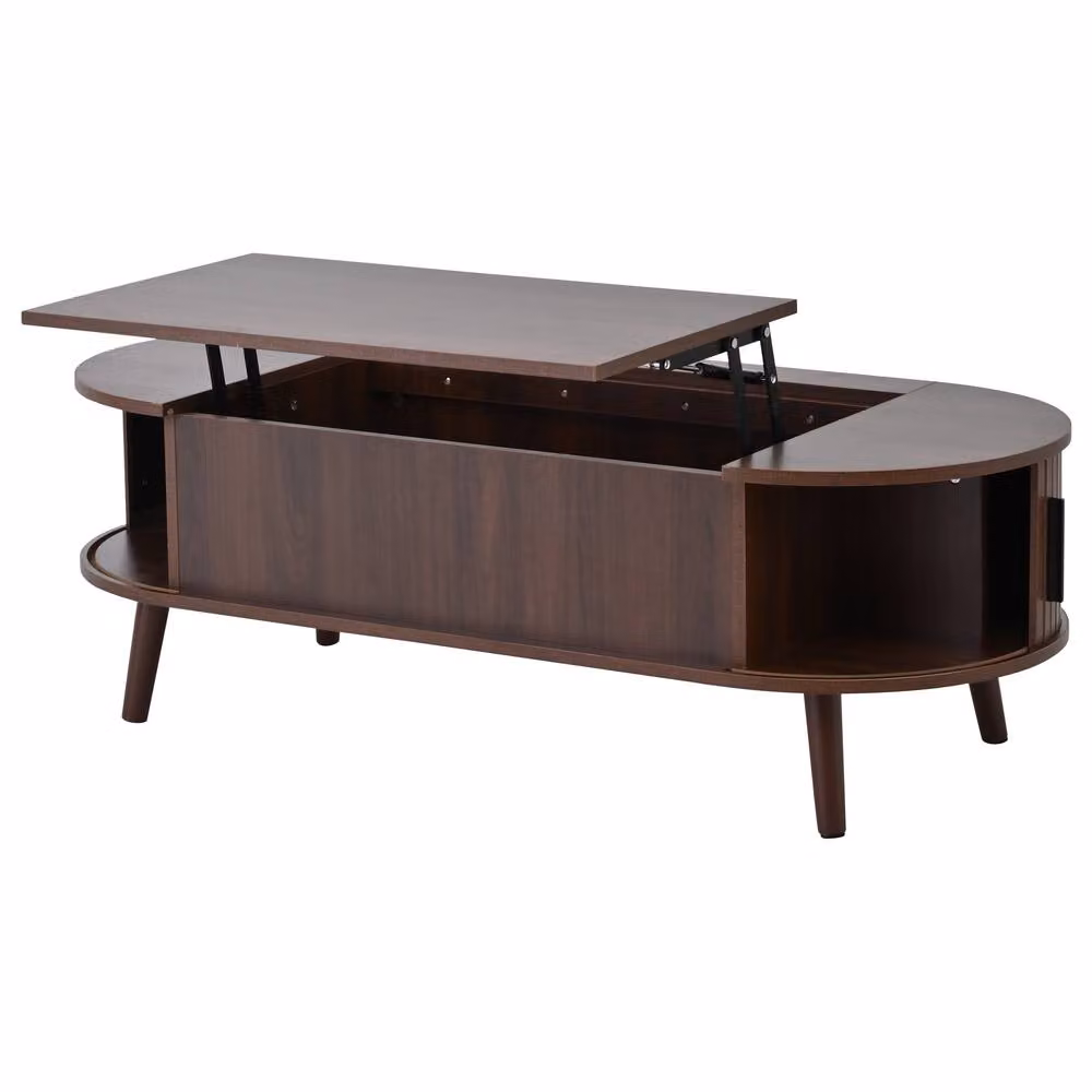 Merax Oval Lift Up Coffee Table with Hidden Storage and Slatted Sliding Doors in Brown Walnut Finish, W/D/H: 120 x 50 x 39.5 cm – 4