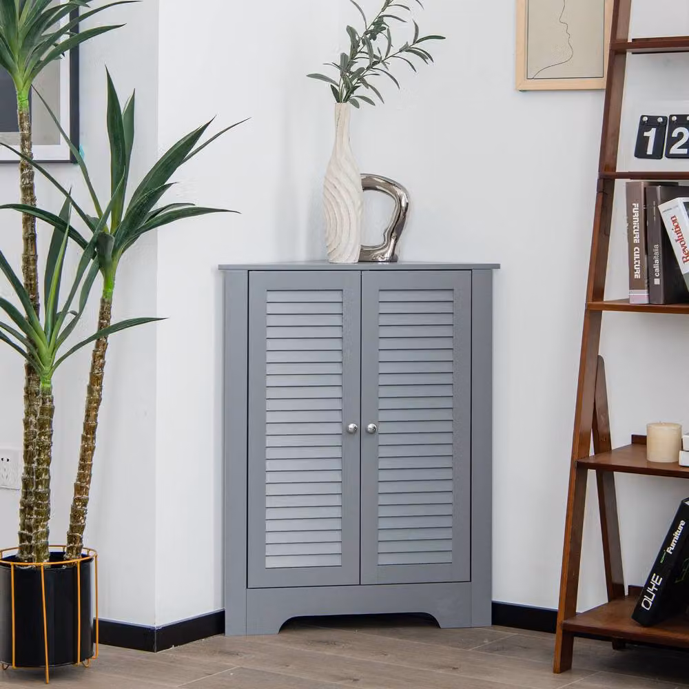 Gymax Freestanding Corner Storage Cabinet with Double Roll Shutter Doors in Matt Grey – 2
