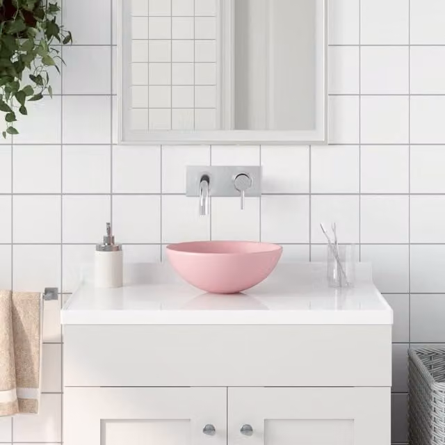 Berkfield Home Round Ceramic Countertop Bathroom Sink in Matt Pink