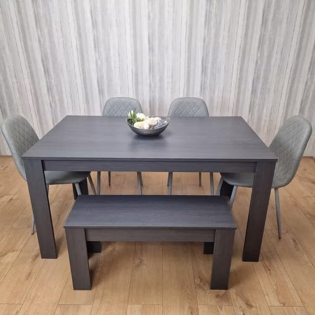 Kosy Koala Modern Grey Dining Set with Rectangular Table, 4 Faux Leather Chairs and 1 Bench