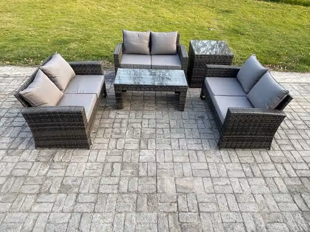 Fimous 6 Seater Rattan Wicker Garden Furniture Set in Dark Grey with Coffee Table, Double Seater Sofa and Side Table