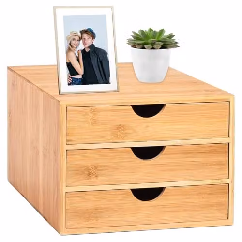 MantraRaj Bamboo 3 Drawer Desk Top Organiser in Brown, W: 26.0 cm, D: 18.5 cm, H: 35.0 cm – 1