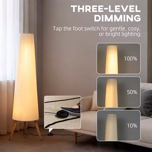 HOMCOM Dimmable LED Tripod Floor Lamp with Foot Switch, White and Wood, Height: 153 cm – 3
